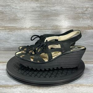 Fly London Women’s Black Leather Gladiator Wedges Sandals Size EU 38 US 7